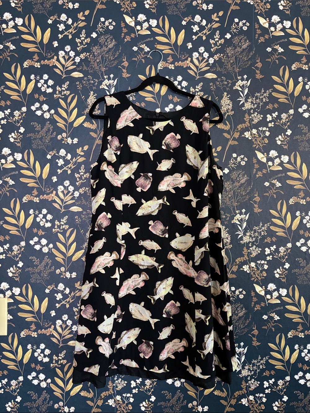 Vintage Andrea Jovine Sleeveless Black Mini Dress with Pastel Fish Print Size 14
